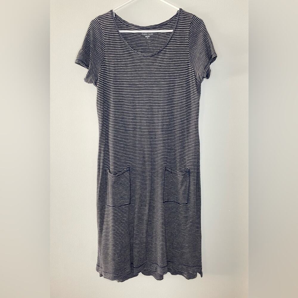 Eileen Fisher Navy Striped Hemp Cotton Blend T-Shirt Dress Size S